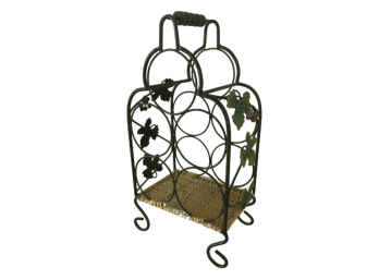Wrought Iron Wine Rack With Grape Leaf And Rattan Accents