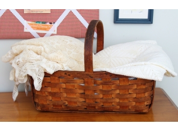 Two Crochet Table Covers And A Nice Woven Basket