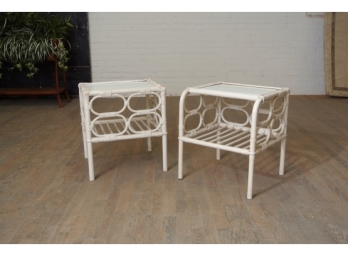 Pair White Wicker Side Tables With Glass Tops - Retail $100