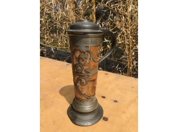 Large Swedish Wood And Pewter Stein
