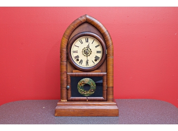 Burlwood Steeple Clock With Reverse Painted Panel