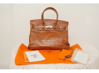 Exceptionally Good Hermes STYLE Birkin Handbag - Tan Embossed Crocodile Pattern Leather
