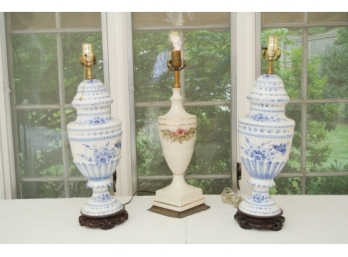 Pair Vintage Blue And White Delft Table Lamps Along With An Antqiue Porcelain Lamp