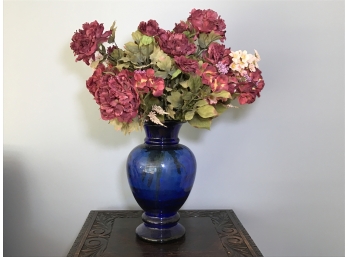 Cobalt Blue Glass Vase With Silk Flowers