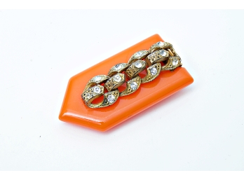 Vintage Bakelite Clip With Applied Gold Toned & Clear Crystals