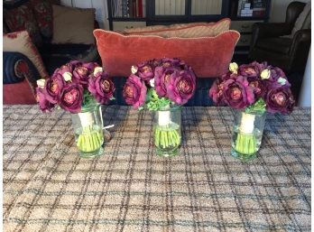 Three Faux Rose Floral Arrangements In Glass Vases With Faux Water