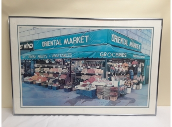 Large Oriental Market Framed Lithograph