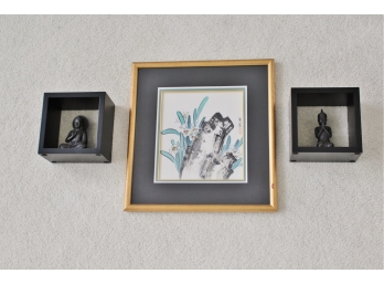 Set Of 2 Shadow Boxes With Hindu Goddesses And Asian Artwork