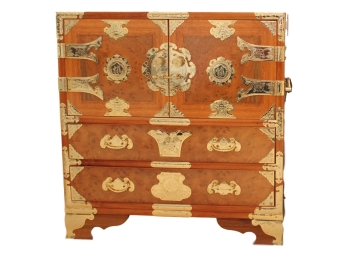 Burl Wood Japanese Tansu Jewelry Chest With Ornate Brass Hardware
