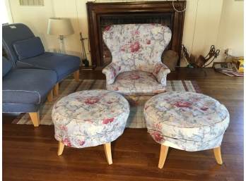 C.R.Laine Wing Chair With Two Matching Round Ottomans
