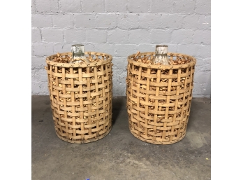 Pair Of Large Antique Glass Demijohns In Original Insulated Woven Wooden Caskets