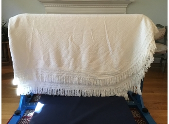 Vintage White Bedspread/Coverlet With Raised Detail And Fringe