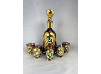 Italian Art Glass Vintage Amethyst Decanter And Six Glasses