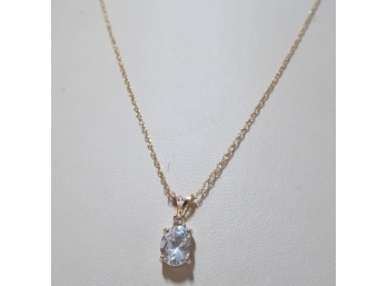 14K Gold Light Blue Topaz Or Aquamarine Pendant Necklace With 24 Inch 14K Chain