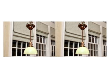 Pair Or Rejuvenation Hardware Burnished Copper And Glass Pendant Lamps