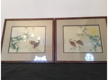 Pair Of Chinese Hand Painted Watercolors On Silk