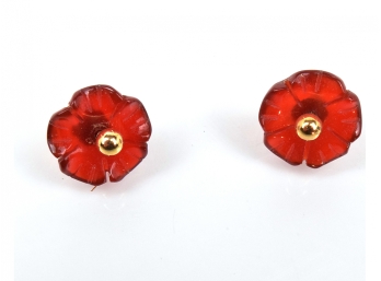Carved Carnelian Flowers Bezel Gold Post Earrings