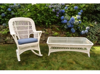 Outdoor Wicker Rocker And Matching Glass Top Coffee Table