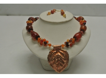NWT River Song Handmade 18' Carnelian Bead Copper Leaf Pendant  Necklace & Dangle Earring Set