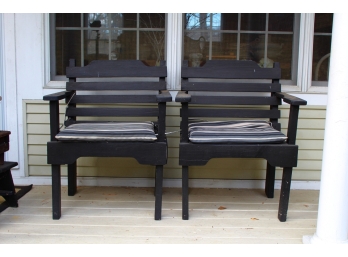Pair Large Black Painted Wood Pation Chairs