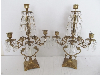 Pair Of Brass And Crystal Candelabras