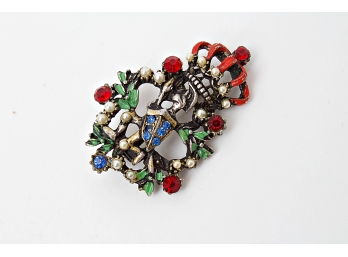 Vintage Enamel & Colored Glass Bead Pin In The Form Of A Crown With A Knight