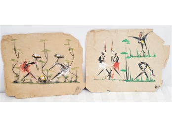 Pair Of Vintage Tribal African Modernistic Paintings On Cardboard - Both Unframed