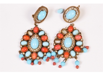 Vintage K. J. Lane Earrings, Great Color And Style, Need TLC