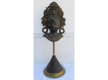Cast Brass Indian Middle Eastern Mask On Stand