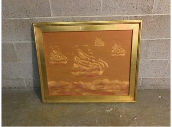 Large Gilt Framed Oil On Canvas Saliboats In The Clouds.