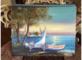 Oil On Canvas Unframed Signed Vecerin: Sailboat Under Two Trees