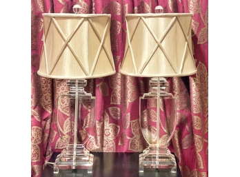 Pair Of Modern Crystal Urn Lamps With Silk Shades