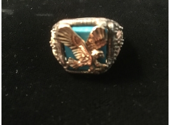 Sterling Silver And Turquoise Ring With “Golden” Eagle