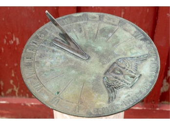 Vintage Bronze Verdigris Sundial On A Ceramic Pedestal Base