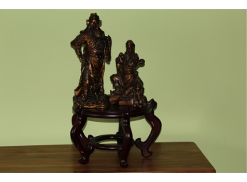 Pair Chinese Guan Gong Yu Warrior God Bronze Colored Statues With Stand