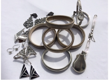 Silver Colored Grouping Of Jewelry Featuring Vintage Pear Perfume Pin