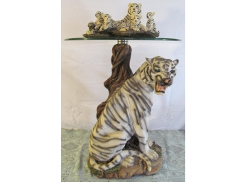 Bengal Tiger Glass Top Side Table With Bonus Figurine