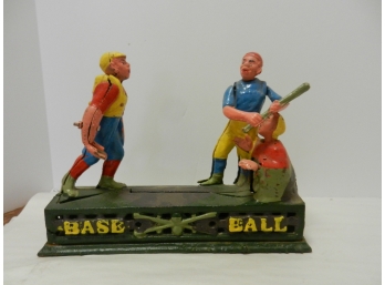 Vintage Reproduction Cast Metal Painted Baseball Mechanical Coin Bank