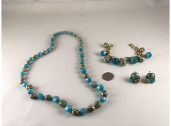 Vintage Turquoise Bead And Gold Colored Costume Jewelry Set