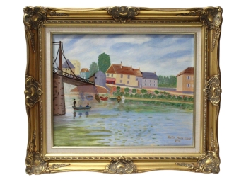 Signed Kahn Oil Painting 'Bridge At Villeneuve La Garennein'