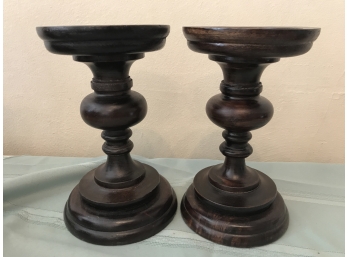 Pair Of Wooden Pillar Candle Holders