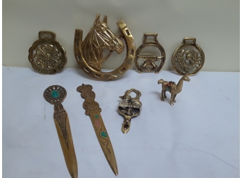 Collection Of Brass Letter Openers, Horse Medallions, Etc