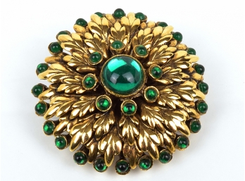 Superb Chrysanthemum Brooch With Faux Emeralds
