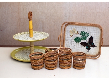 Vintage Dessert Stand, Serving Tray And Wicker Glass Holders -Eight Pieces
