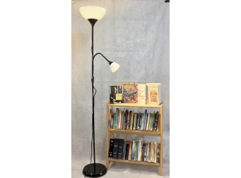 Oak Bookshelf, Books & Dual Reading Floor Lamp