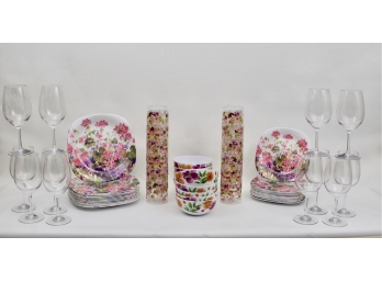 Service For 12 Keller-Charles Melamine Pink Floral Signed Dinnerware By Judy Buswell
