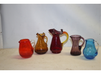 5 Vtg Assorted Small Crackle Glass Pitchers