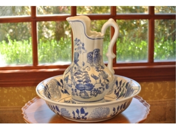 Blue And White Porcelain Washbowl And Pitcher