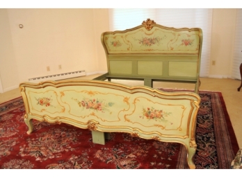 Antique Carved French Painted Floral And Gilt Decorated Bed