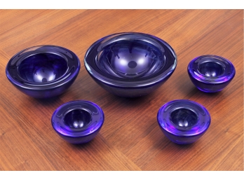 Group Of Five Kosta Blue Art Glass Bowls